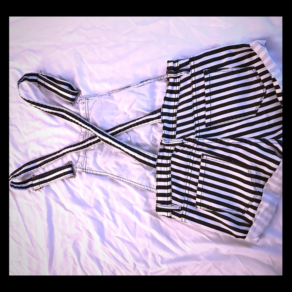 Black and white vertical stripe short overall